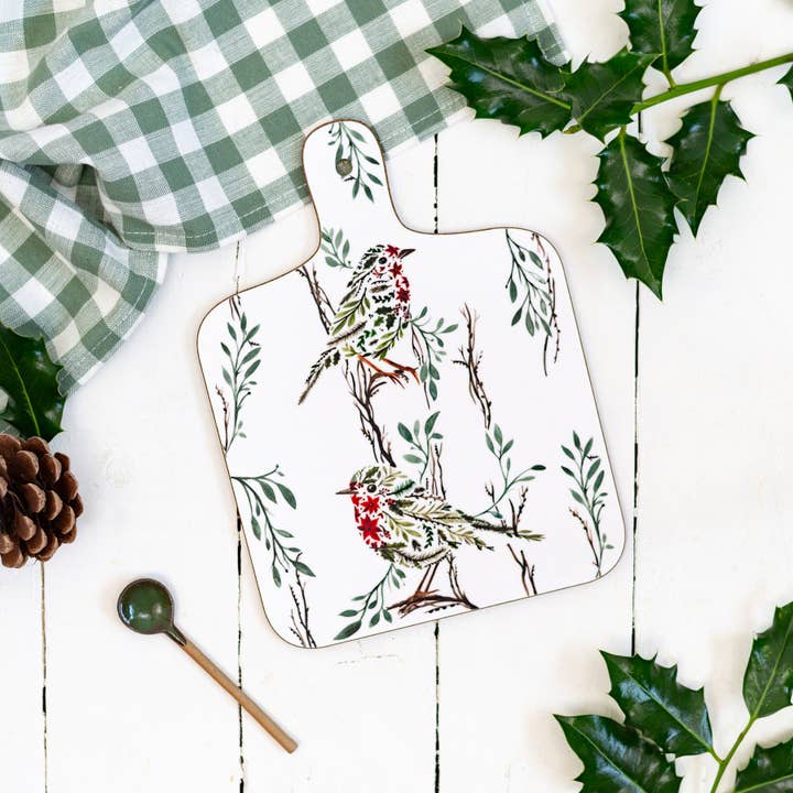 Sarah Leask Studio – wholesale Cutting board – Poinsettia Robin Mini Chopping Board