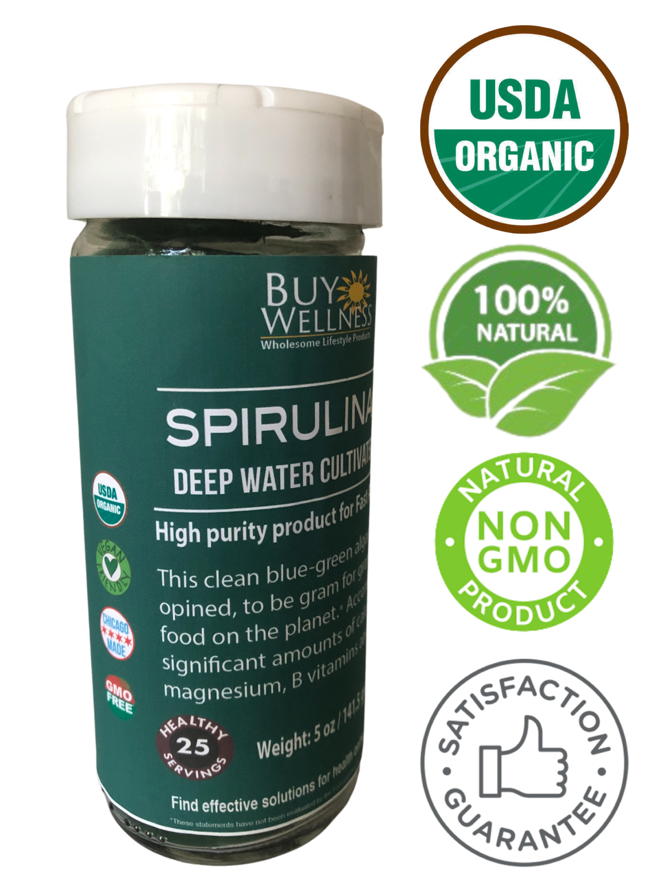 Buy Wellness – wholesale Protein/superfood powder – Organic Spirulina, Pure Blue Green Algae 5 oz Glass Jar Pack1