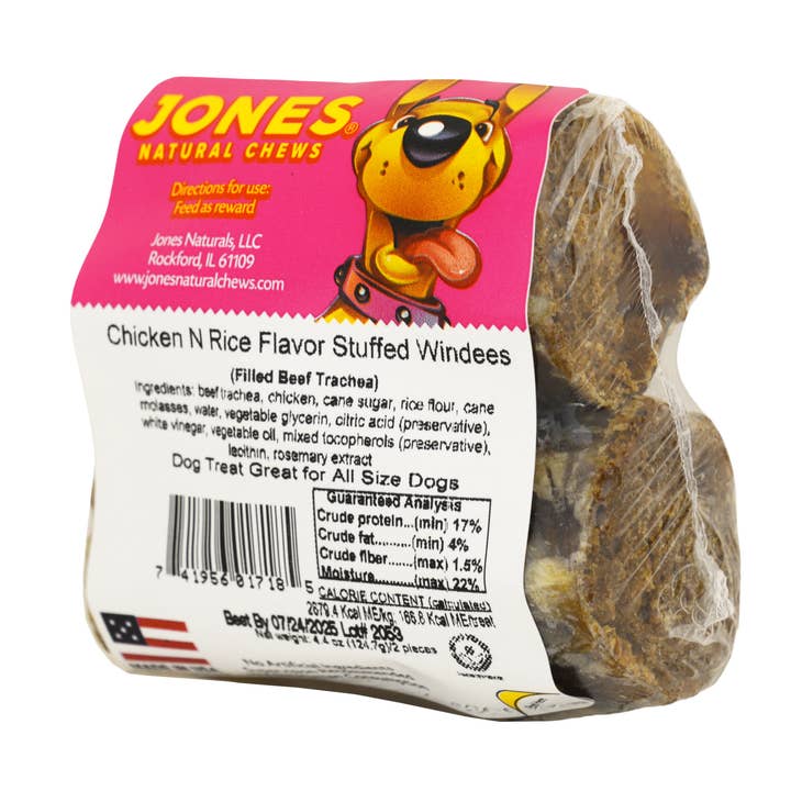 Chicken N Rice Flavor Stuffed Windees 2 Pack Shrink Wrap for wholesale by Jones Natural Chews