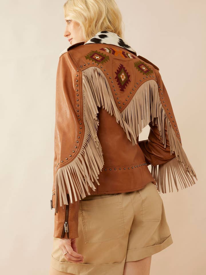 MYRA - EU - Wholesale Leather Jacket - Women's - Phoenix Fringed Leather Jacket In Camel1