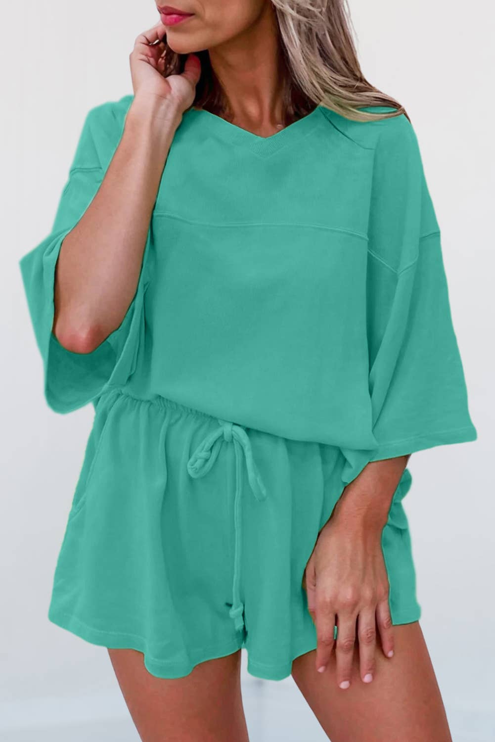 Aapparella - Wholesale Lounge Set - Women's - Solid V Neck Half Sleeve Tee & Shorts Set | S-XL & 1X-4X6