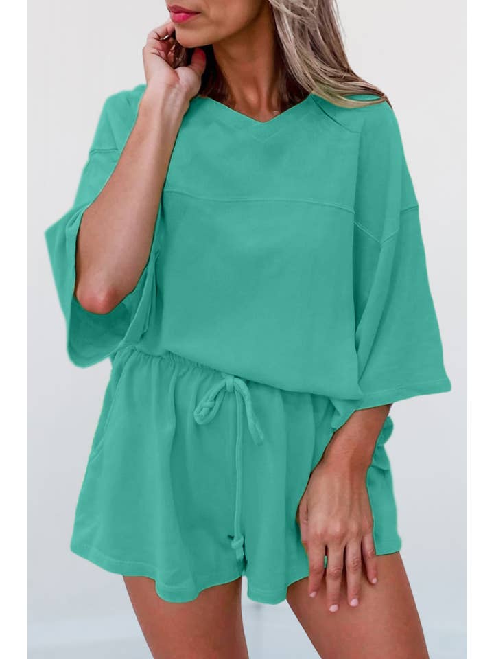 Aapparella - Wholesale Lounge Set - Women's - Solid V Neck Half Sleeve Tee & Shorts Set | S-XL & 1X-4X6