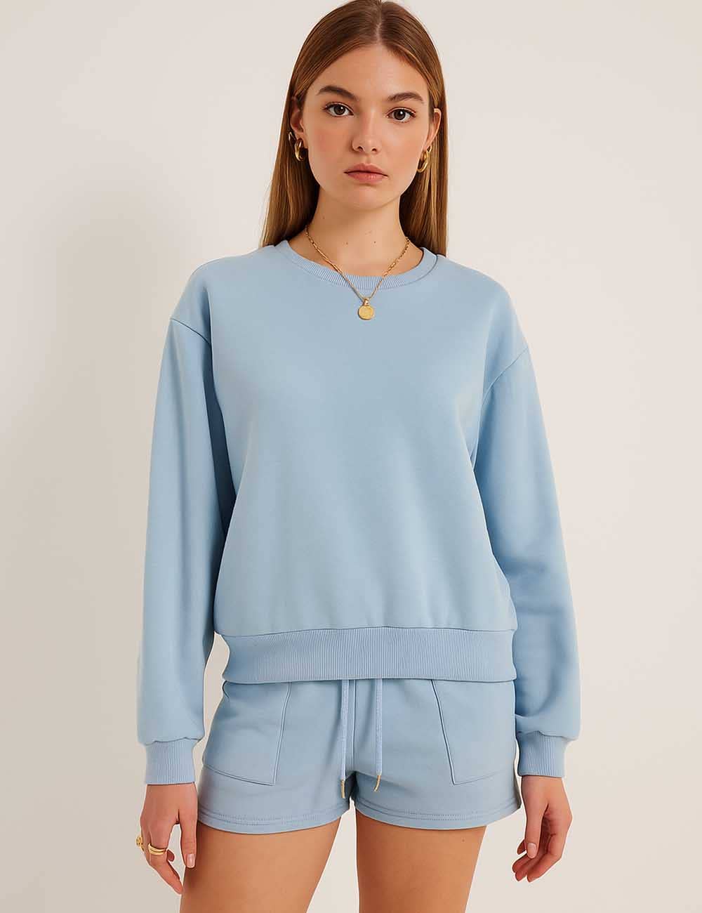 Sweetkama - Wholesale Lounge Set - Women's - Ladies Solid Color Long Sleeves Sweatshirt & Shorts Set19