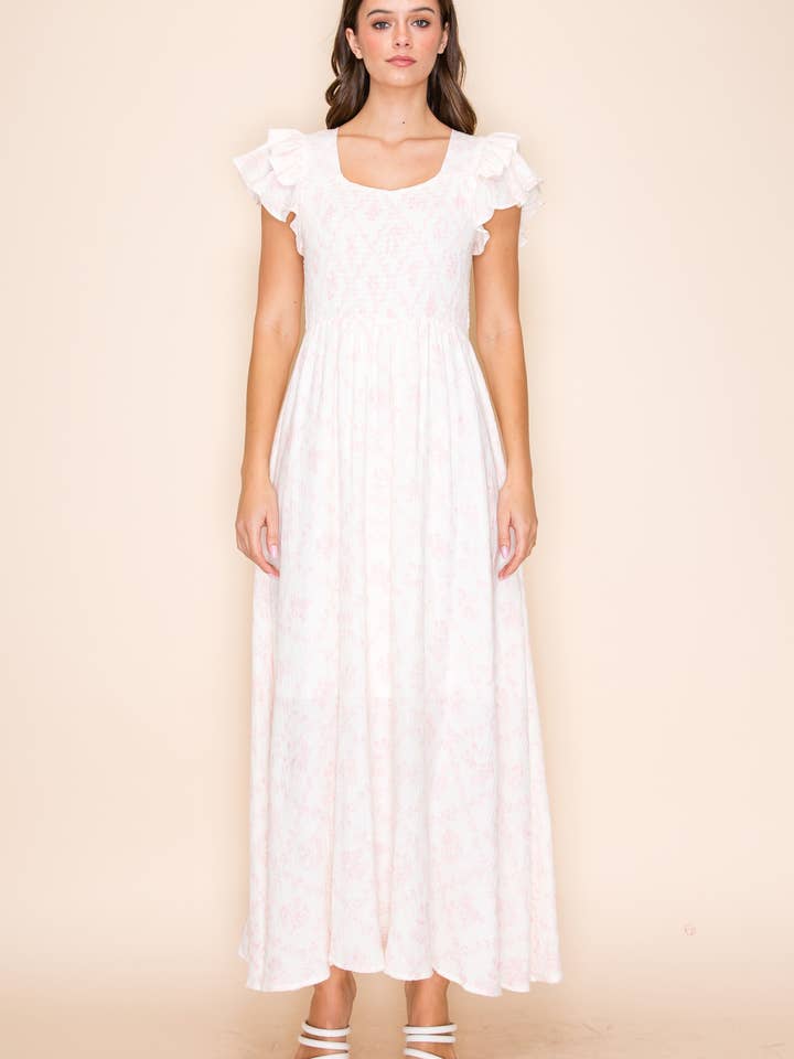 Daphne vintage porseleinprint ruche maxi-midi-jurk - roze voor wholesale door Million Colors