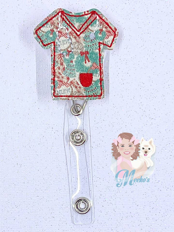 Christmas Scrub Top & Holiday Badge Reel for Nurses and CNAs for wholesale by Meeko’s Must Haves
