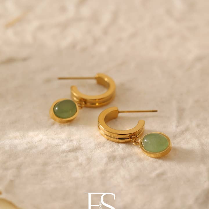 Furano Studio - Wholesale Hoop Earrings - 18k gold green oval Aventurine Hoop Earring3