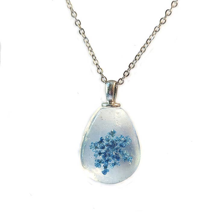 Teardrop Real Dried Blue Flowers Glass Necklace Silver for wholesale by Stylish Jewelry Supply