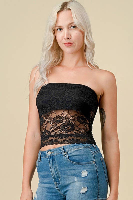Black 320L FLORAL LACE TUBE TOP for wholesale on Faire3