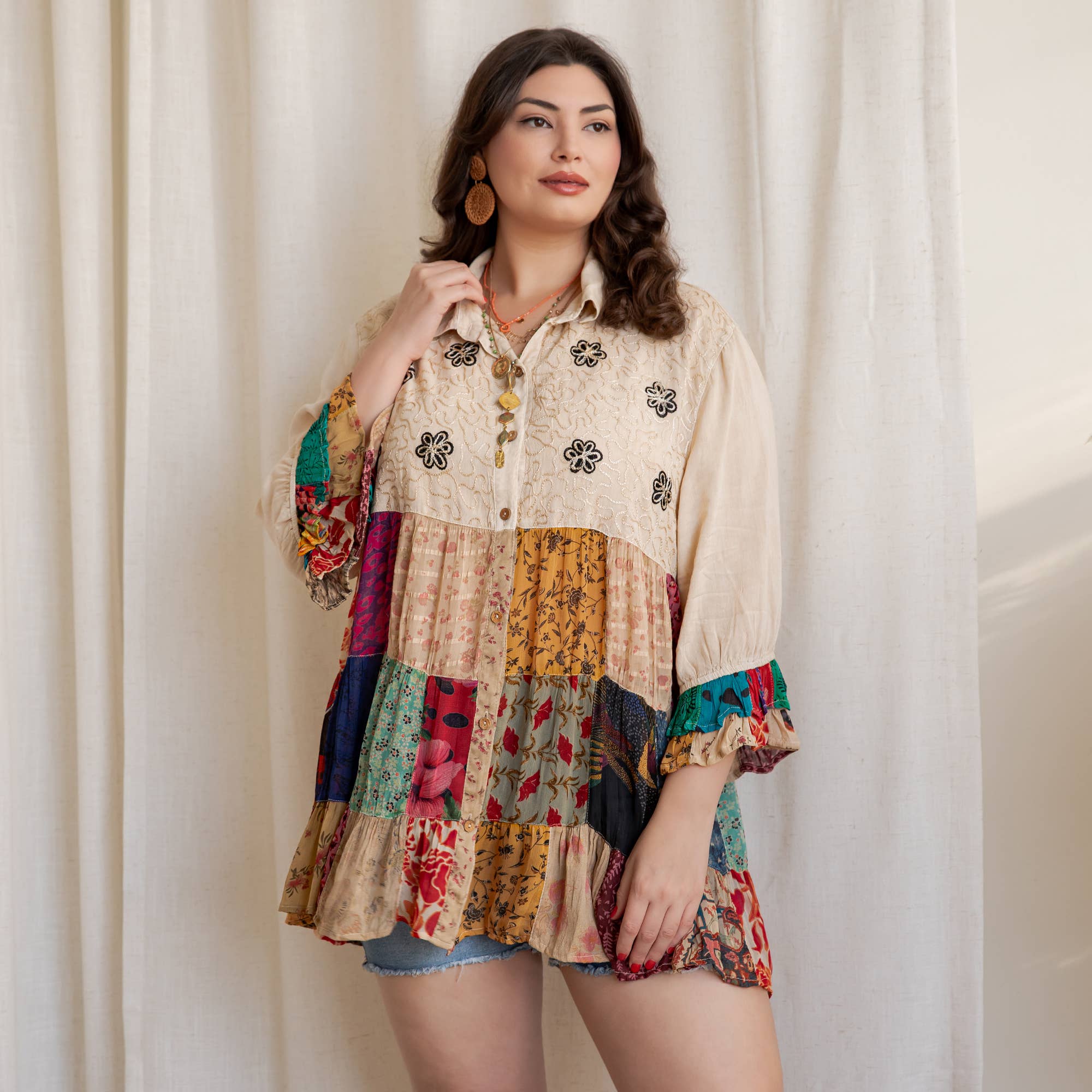 Young Threads - Wholesale Blouse - Women's - Western Denim Yoke Patchwork Tiered Tunic Top (New Color)11