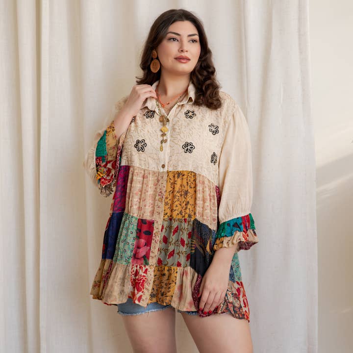 Young Threads - Wholesale Blouse - Women's - Western Denim Yoke Patchwork Tiered Tunic Top (New Color)11