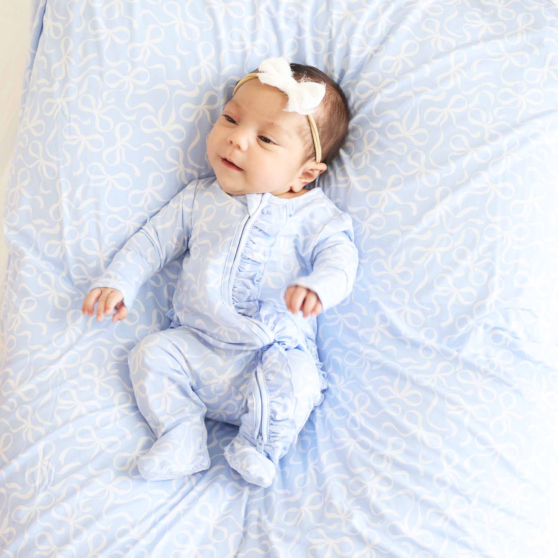 Caden Lane - Wholesale Jumpsuit - Baby - Blue-tiful Bows Ruffle Zipper Footie9