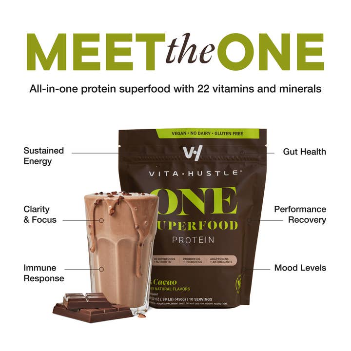 VitaHustle - Vente Poudres protéinées/superaliments - Protéines de superaliments VitaHustle One + légumes verts - Chocolat (10 svg)