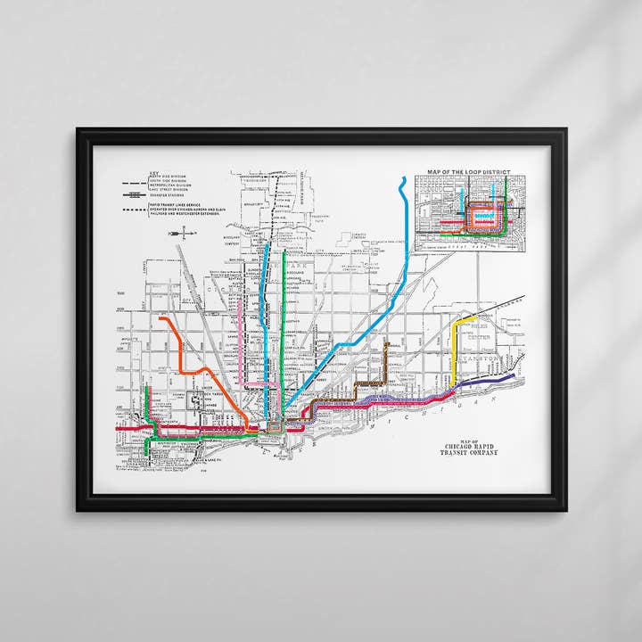 Chicago CTA 1926 Vintage Map with Modern Color Lines 11" x 14" Print for wholesale by Black Angel Designs