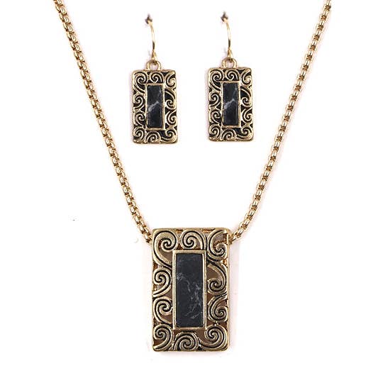 FR5796 Onyx Stone Filigree Rectangle Metal Necklace Set for wholesale by 0011 PREMIERE