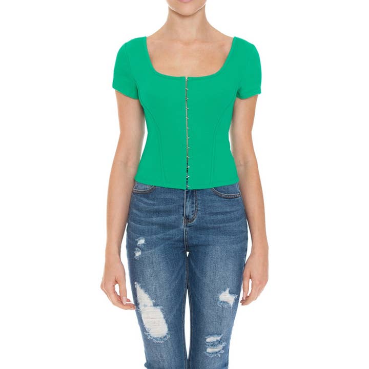 UP CLOTHING – wholesale Knit top – Women's – SQUARE NECK HOOK AND EYE BUSTIER SHORT SLEEVE TOP6