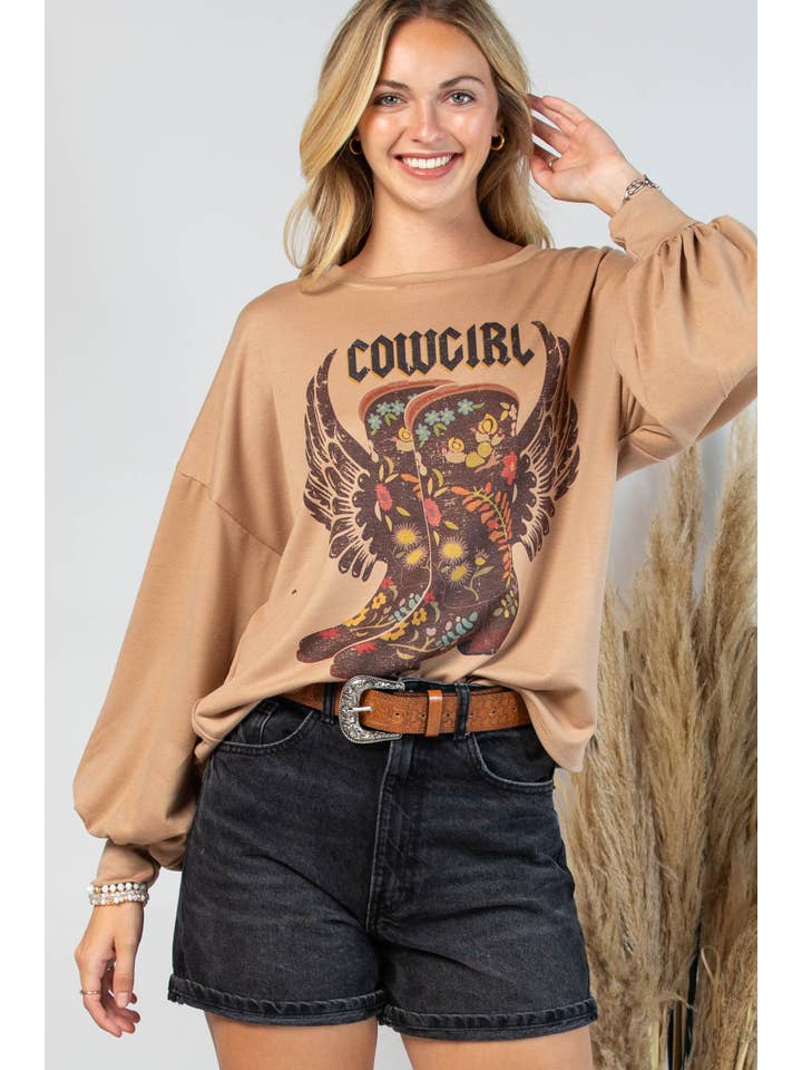 Mocha AV1171-ALEX COWGIRL BOOTS GRAPHIC SWEATSHIRT for wholesale on Faire6
