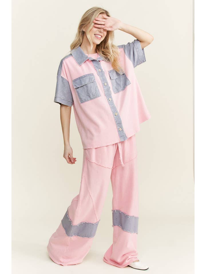 J.Her - Vendita all'ingrosso Giacca a camicia - Donna - Shacket con toppa sul retro a fiori lavato minerale HT64664