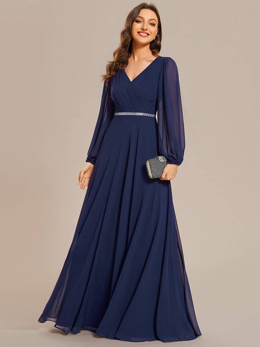 Ever-Pretty - Wholesale Gown - Women's - Elegant waisted chiffon V-neck Long Sleeve guest Dress15