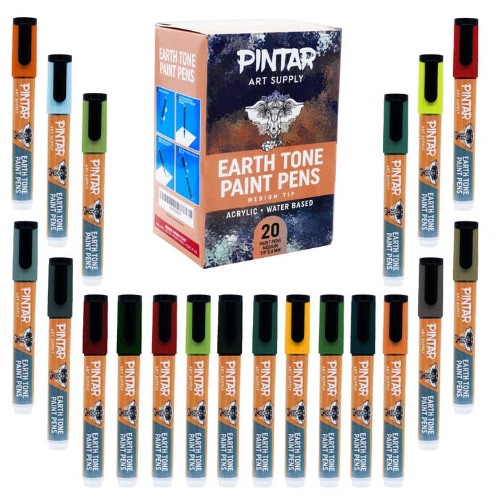 Pintar Art Supply - Wholesale Marker - Pintar Earth Tone Paint Pens 5.0MM 20 Pack Marker Set with Medium Tip | Paint on Rocks, Canvas, Glass, Ceramics, Plastic, Fabric, Porcelain | Quick-Dry Action Tip Markers, Water-Based Formula