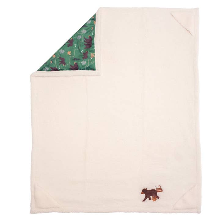 Cozy Switch Blanket – Reversible Sherpa & Mink Fleece Blanket with Embroidered Appliqué, Camping Bears and other Purchase Wholesale embroidered blankets. Free Returns & Net 60 Terms on Faire trending on Faire.