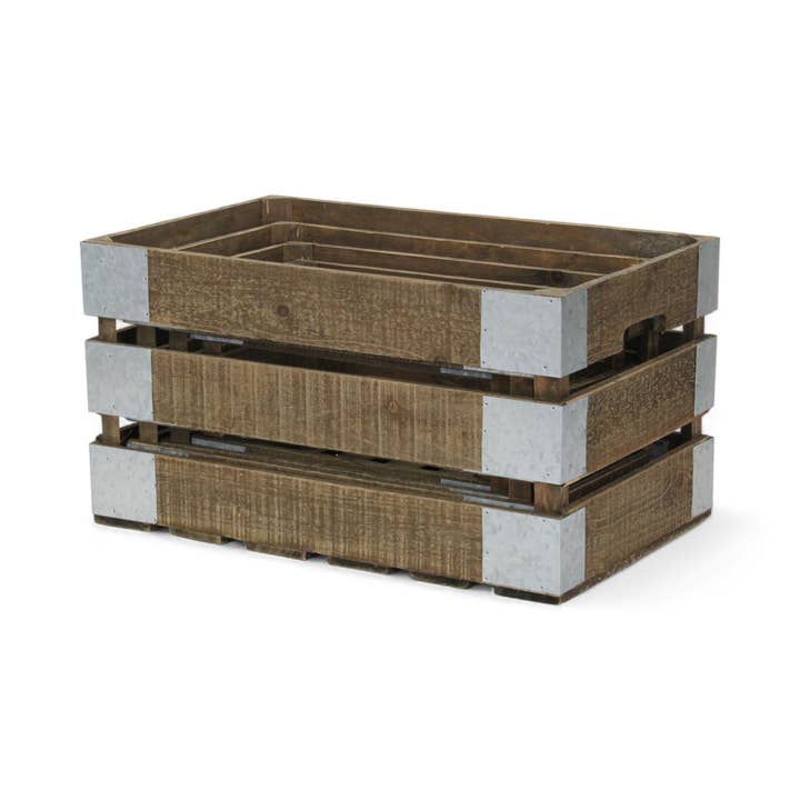 Cheungs Home Decor - Wholesale Storage Bin - Set of 4 Slatted Wood Crates & Galvanized Corner Accent11