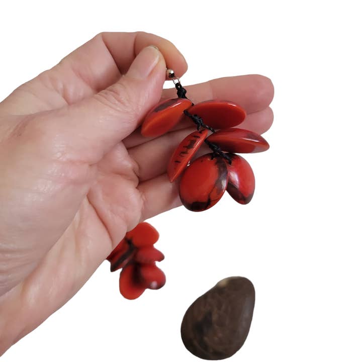 Pele Fire Goddess Red tagua chandelier earrings for wholesale by Organic jewelry by Allie