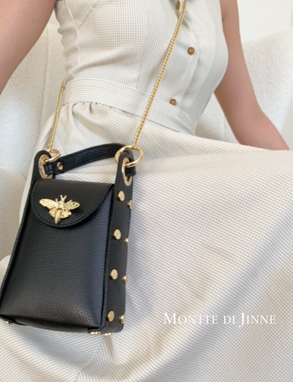 MONTTE DI JINNE - Vente Sac à bandoulière – femme - Mini sac abeille en cuir véritable italien avec bandoulière chaîne dorée19