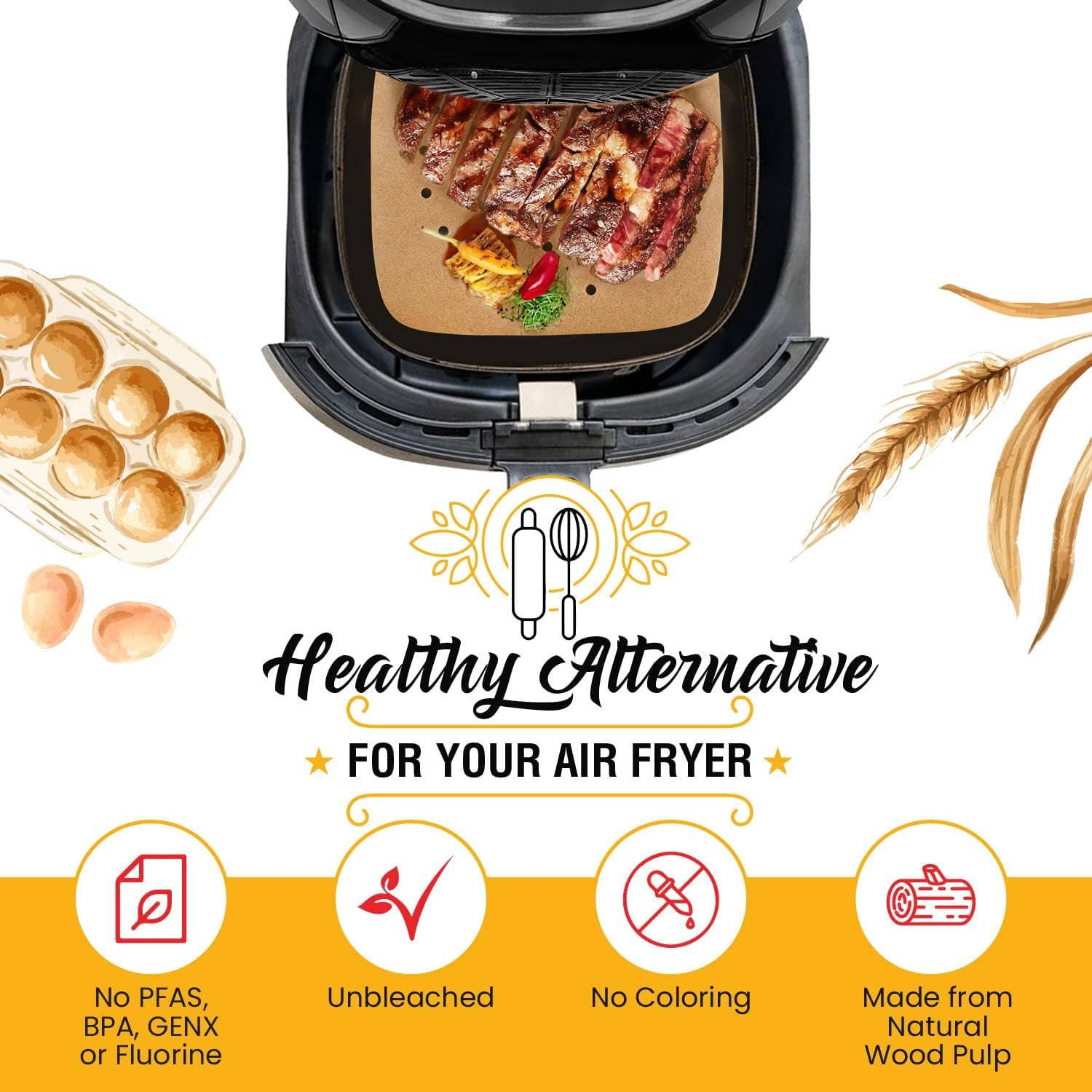 Baker's Signature - Wholesale Baking Sheet/Mat - Bamboo Steamer Liner, 8.5" Air Fryer Parchment Paper Liners Sheets – 220pcs Unbleached Bamboo Steamer Basket Liners – Easy Cleanup, Will Not Burn or Curl, Non-Toxic & Volume Pack by Baker’s Signature2