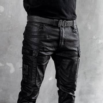 Jean en denim extensible ciré pour homme Tech11 pour la vente par JUNGLE TRIBE