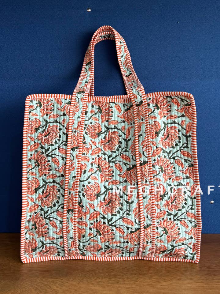Cotton Quilted Tote Bag Floral Block Print Market Bag for wholesale by Meghcraft
