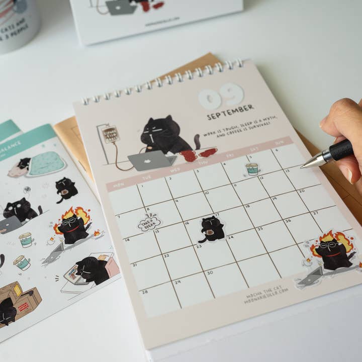 Moonaries illo - Wholesale Calendar - Cute Black Cat Desk Calendar 2026 - A5 portrait18