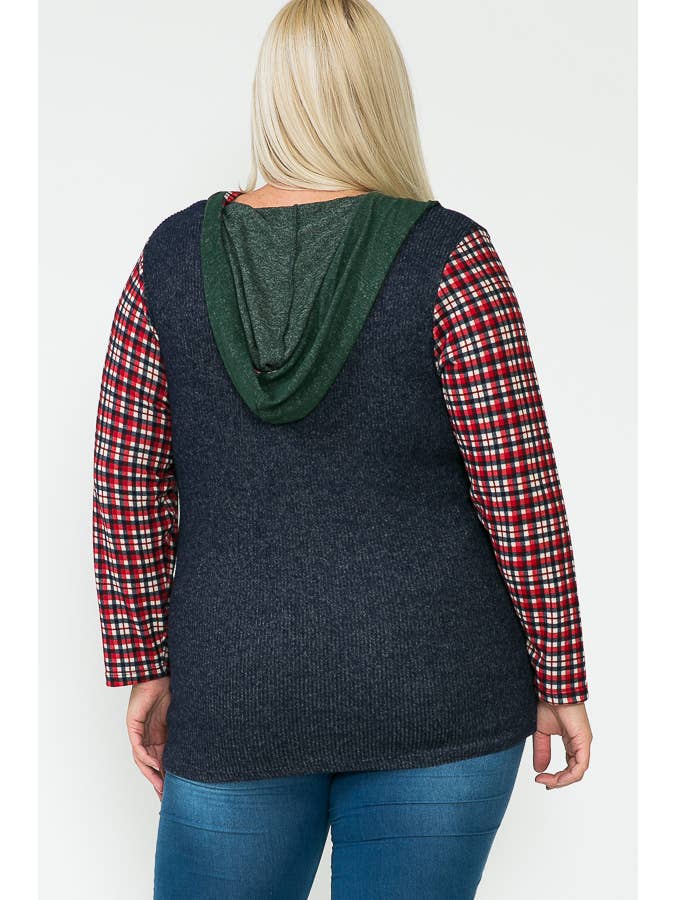 Story Teller - Wholesale Hoodie - Women's - Plus Size V-Neck Color Block & Plaid Pattern Hoodie Top