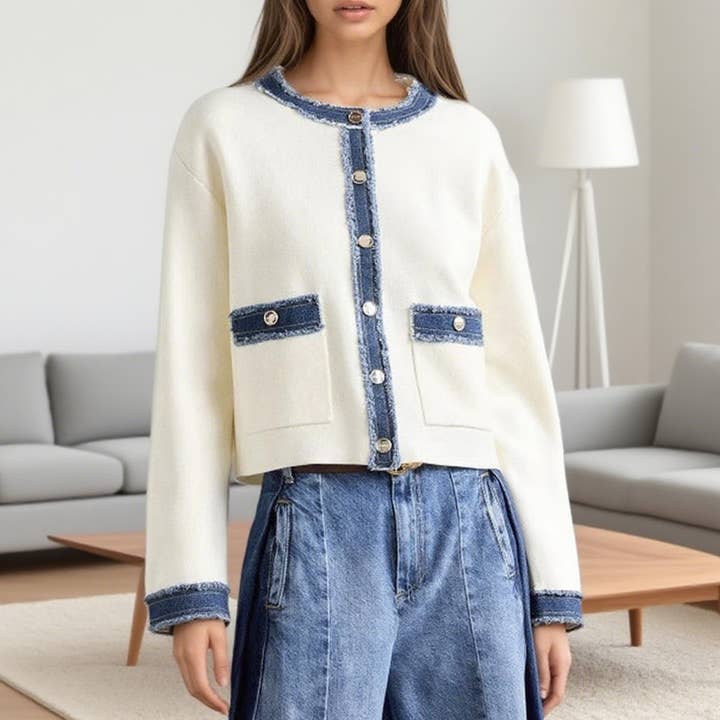 Furry denim contrast color edge round neck coat for wholesale by Lily Clothing