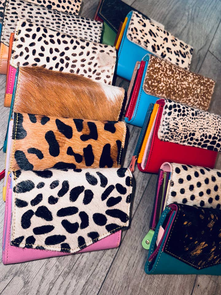 Trifold Animal print Cowhide wallet for wholesale by FRINGE & LUXE