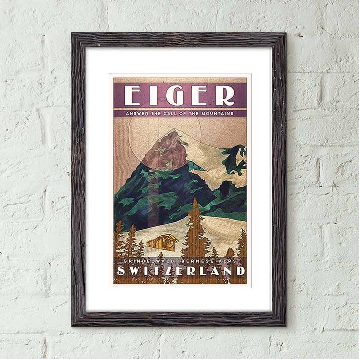 Suisse, Eiger - Affiche de voyage de style vintage pour la vente par Missy Ames Design and Illustration