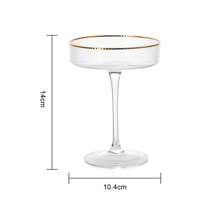 The Wine Savant / Khen Glassware - Wholesale Cocktail/Liquor Glass - Art Deco Gilded Crystal Coupe Glasses, Ribbed - Set of 4