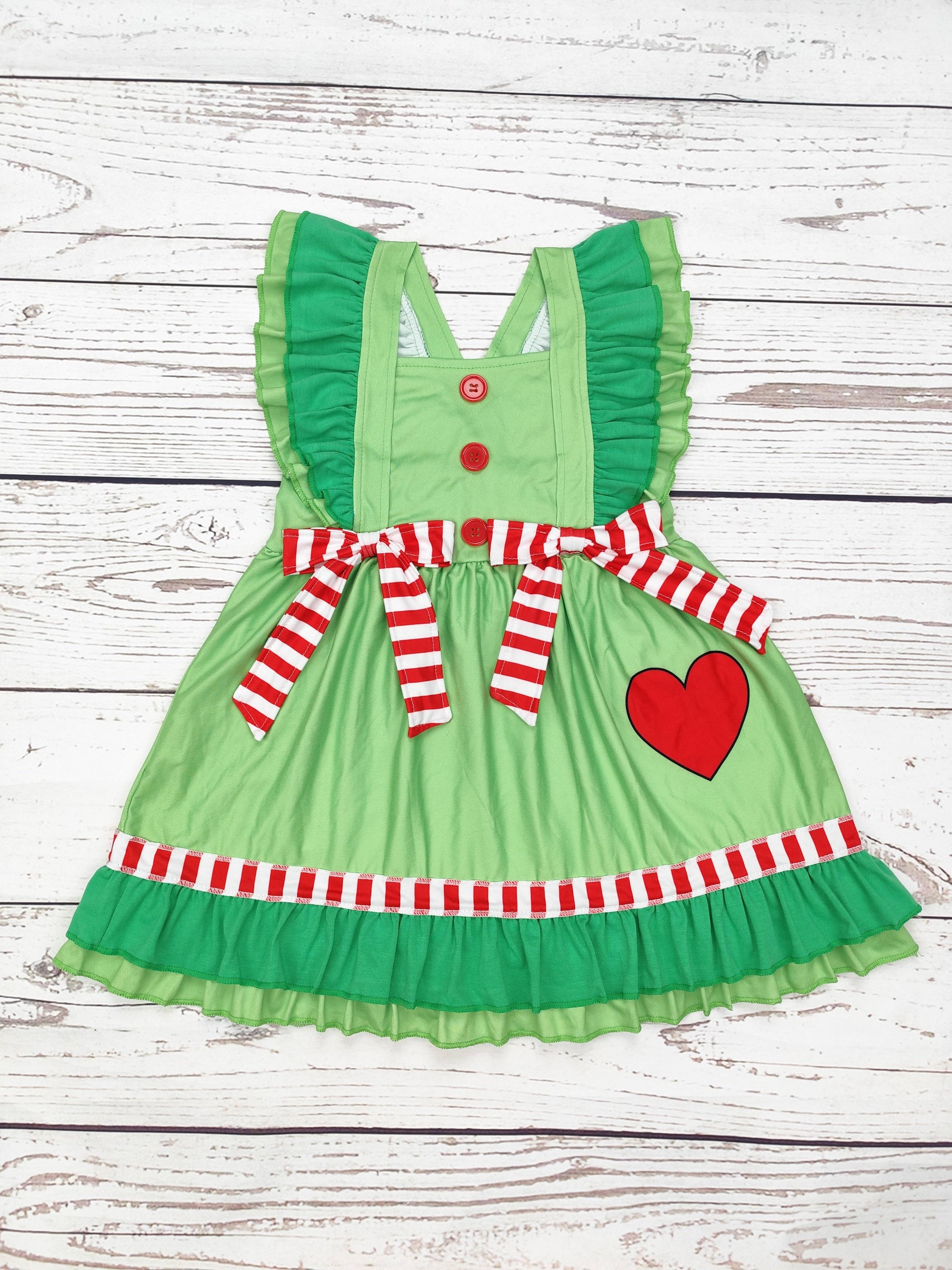 sassy kids palace - Wholesale Dress - Kids - Baby Girl Green Christmas Dress with Heart Print0