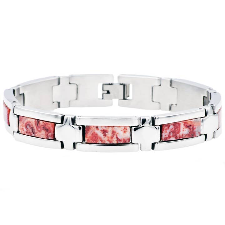 Pulsera de acero inoxidable de ágata con encaje rojo genuino para hombre para venta al por mayor de Blackjack Mens Jewelry