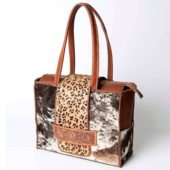 LC-ADBGZ463 Leopard Print & Cowhide Western Tote Bag - American Darling for wholesale by LS Western