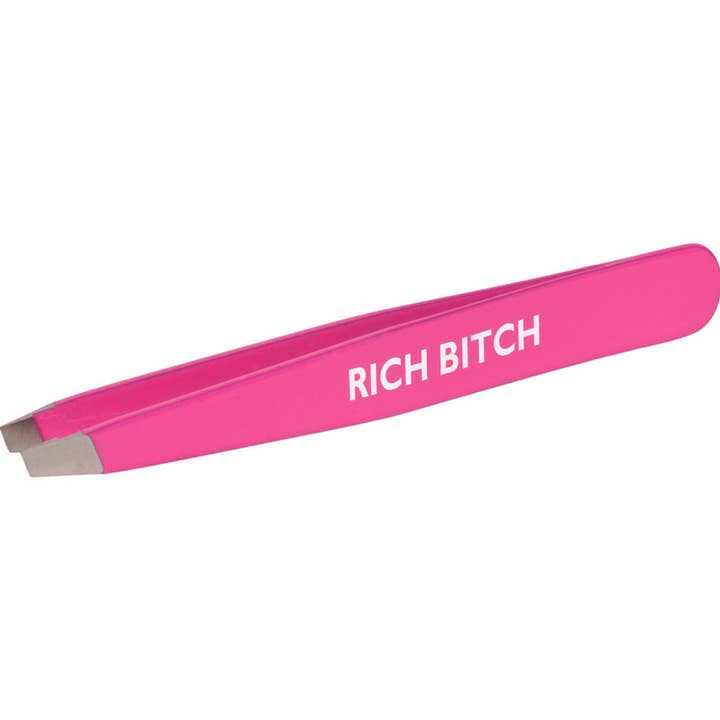 Hot Pink "Rich Bitch" Stainless Steel Italian Tweezers for wholesale by Secret Service Beauty