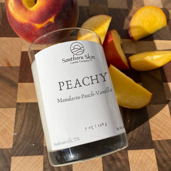 Peachy Soy ljus klart glas fartyg-trä eller bomull Wick för wholesale av Southern Skies Candle Company