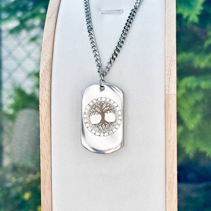 Yggdrasil - collier plaque militaire arbre de vie - Acier inoxydable pour la vente par Arthousefern