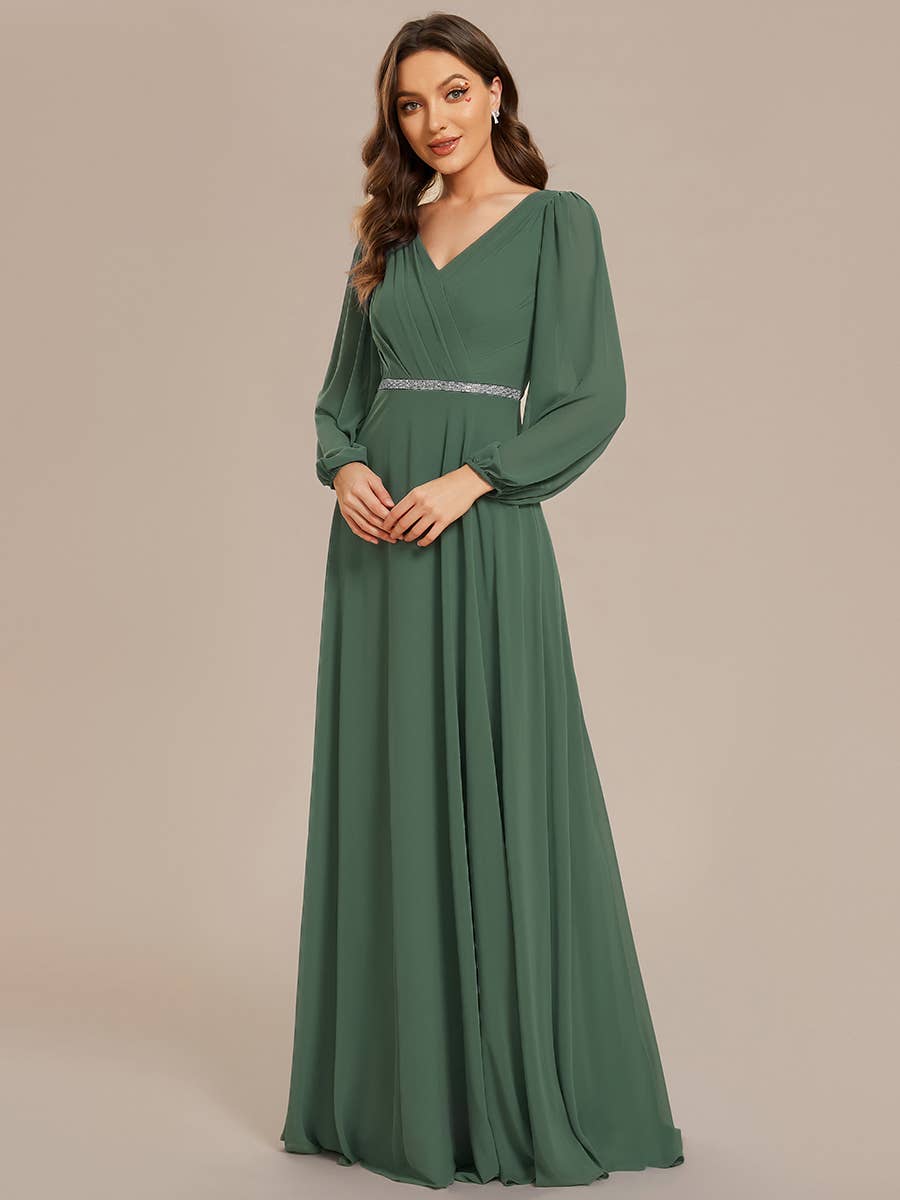Ever-Pretty - Wholesale Gown - Women's - Elegant waisted chiffon V-neck Long Sleeve guest Dress45