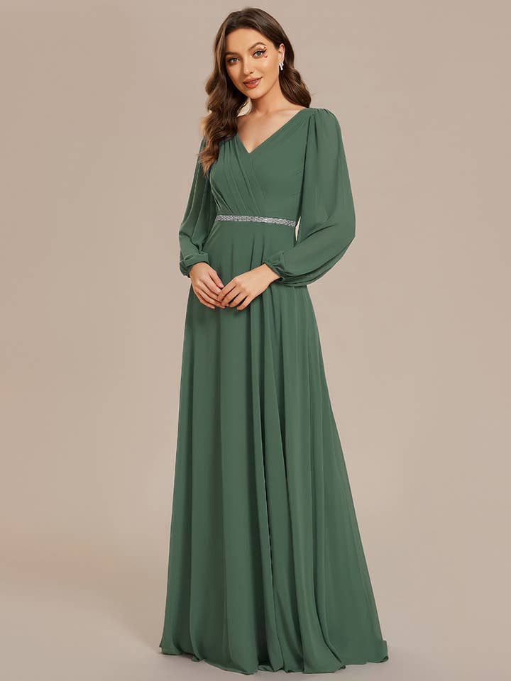 Ever-Pretty - Wholesale Gown - Women's - Elegant waisted chiffon V-neck Long Sleeve guest Dress45