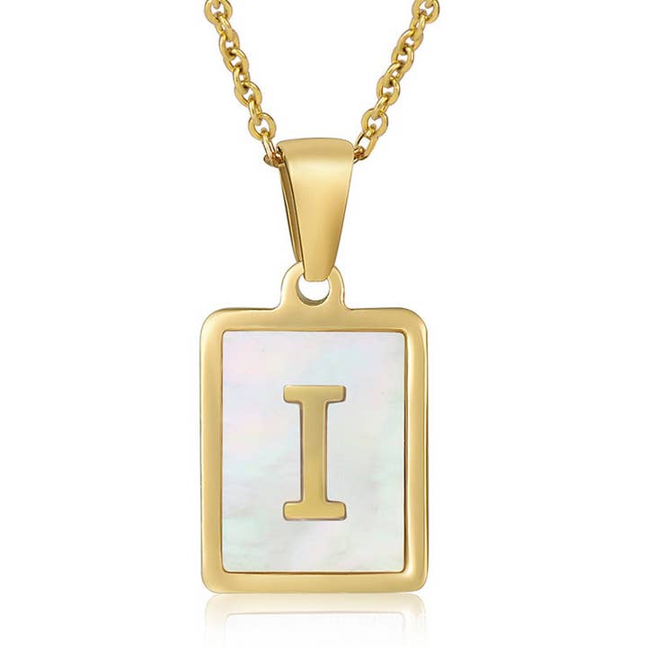 NINEXIS - Wholesale Pendant/Charm Necklace - CWAJE1917_Square Stainless Steel White Shell Letter Necklace9