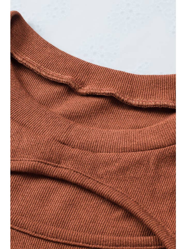 Brown Ribbed Peekaboo Cutout Long Sleeve Top for wholesale on Faire5