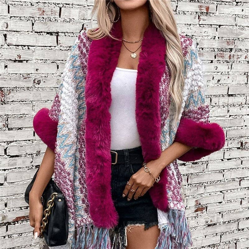 UZ Wholesale Store - Wholesale Cardigan - Women's - Loose Fit Striped Five-Sleeve Tassel Cardigan1