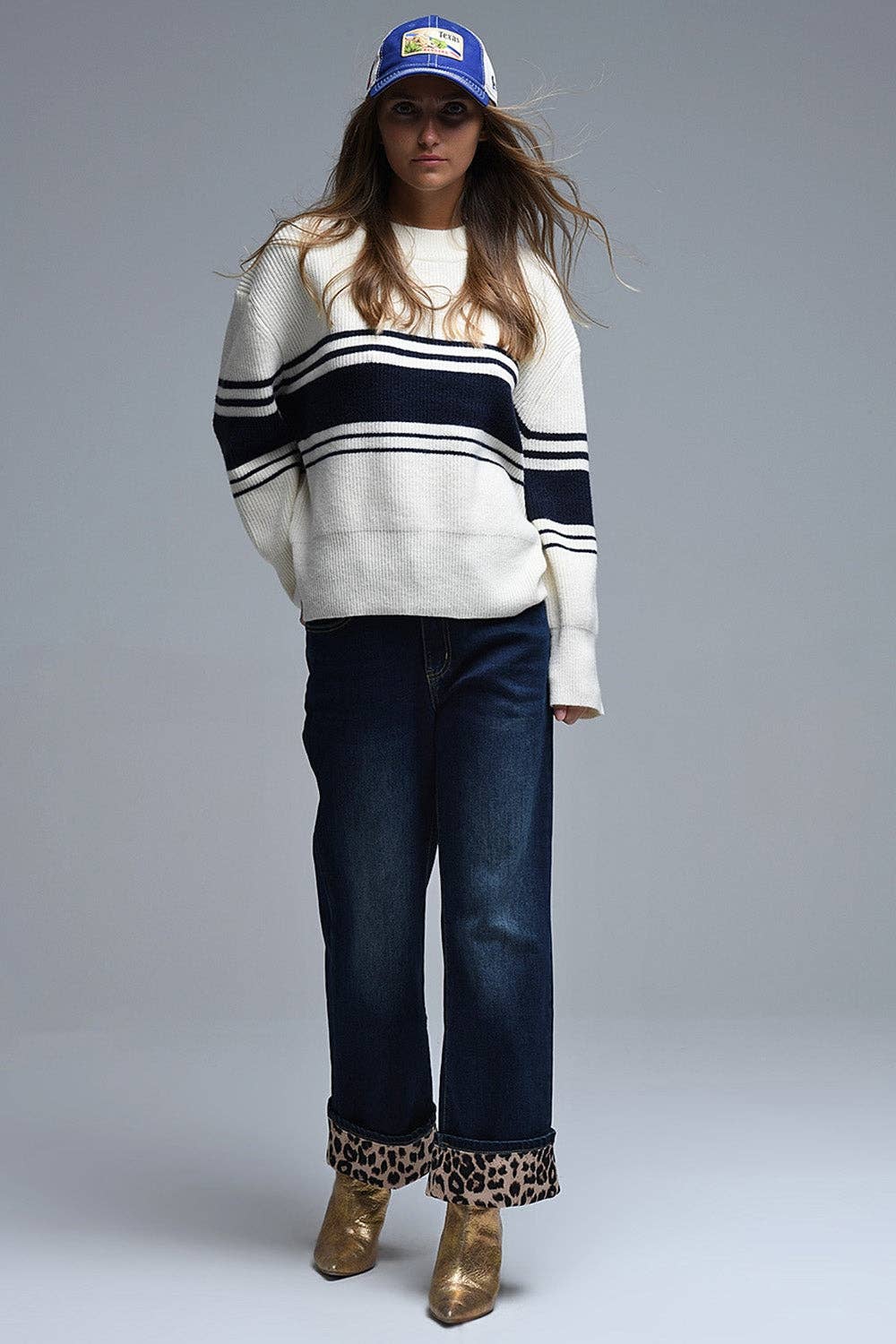 Ribbed Cream Sweater With Navy Chest Stripes for wholesale on Faire2