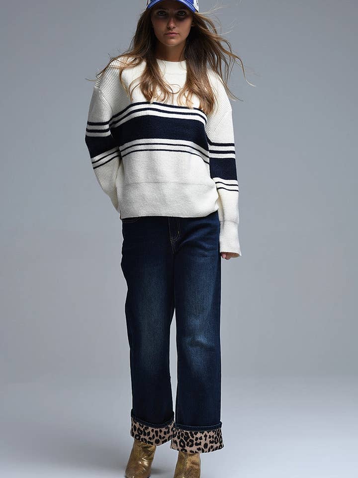 Ribbed Cream Sweater With Navy Chest Stripes for wholesale on Faire2
