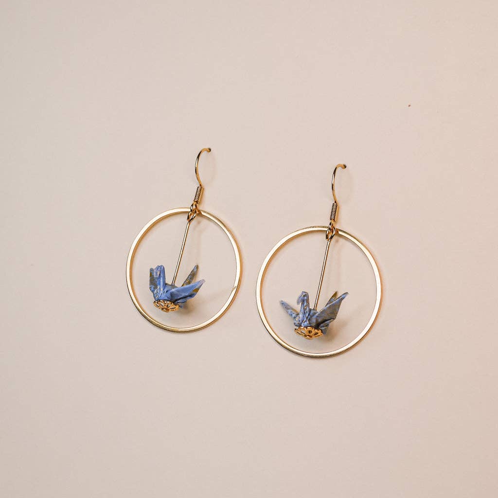 Kamyi.Art Origami Designs - Wholesale Dangle Earrings - Small Crane and Hoop Earrings in Gold1